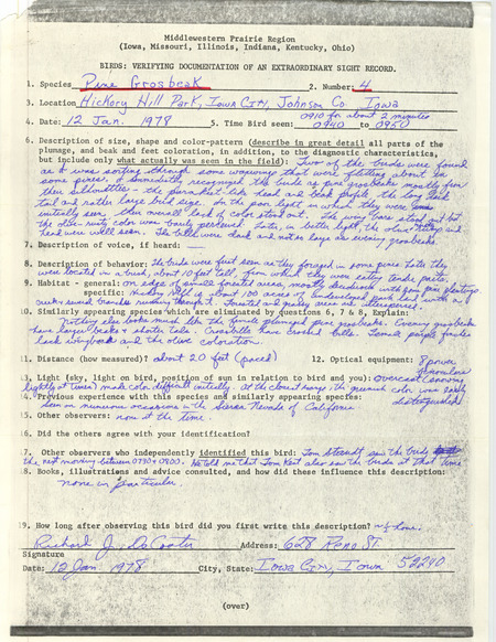 Rare bird documentation form for four Pine Grosbeaks at Hickory Hill Park in Iowa City in Johnson County, IA on January 12, 1978.