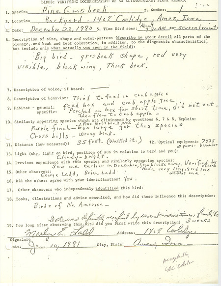 Rare bird documentation form for a Pine Grosbeak at Ames in Story County, IA on December 23, 1980.