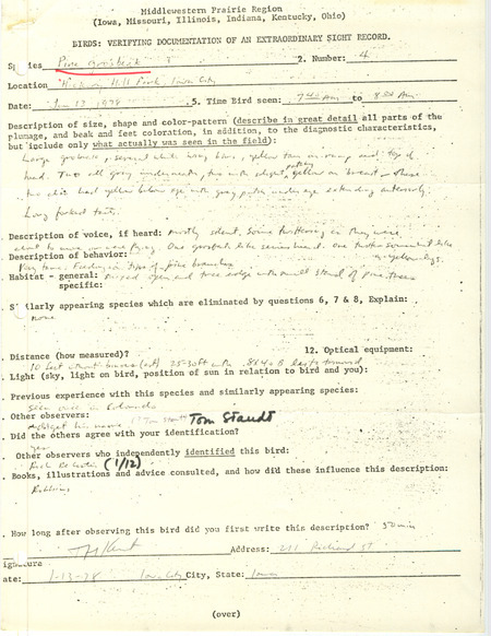 Rare bird documentation form for four Pine Grosbeaks at Hickory Hill Park in Iowa City in Johnson County, IA on January 13, 1978.