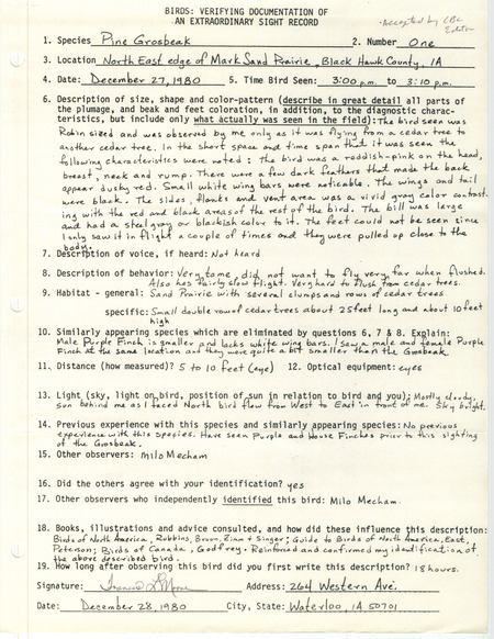 Rare bird documentation form for a Pine Grosbeak at Mark Sand Prairie in Black Hawk County, IA on December 27, 1980.