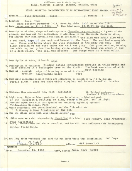 Rare bird documentation form for a Pine Grosbeak at Ames in Story County, IA from December 7 to 11, 1980.