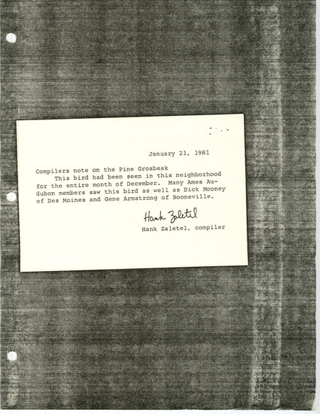 Note from Hank Zaletel about Pine Grosbeak sightings on a Christmas Bird County in 1980-1.