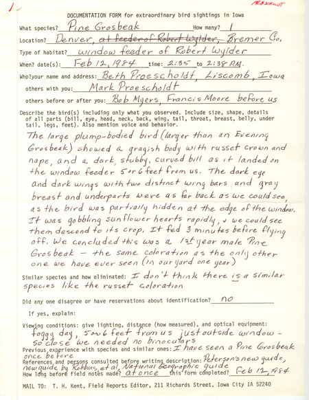Rare bird documentation form for a Pine Grosbeak at Denver in Bremer County, IA on February 12, 1984.