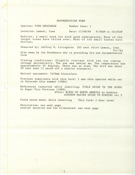 Rare bird documentation form for a Pine Grosbeak at Lamoni in Decatur County, IA on November 8, 1984.