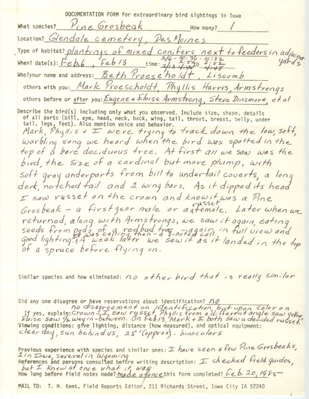 Rare bird documentation for a Pine Grosbeak at Glendale Cemetery in Des Moines in Polk County, IA on February 6 and 13, 1985.