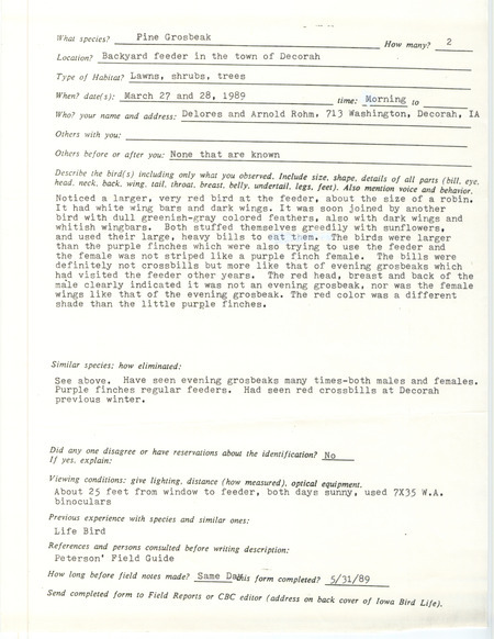 Rare bird documentation form for two Pine Grosbeaks at Decorah in Winneshiek County, IA on March 27 and 28, 1989.