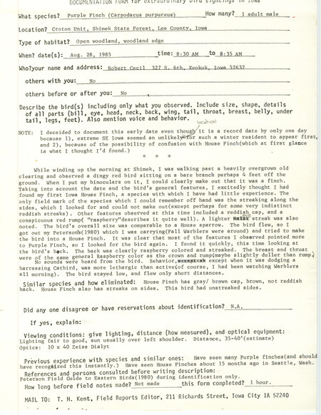 Rare bird documentation form for a Purple Finch at the Croton Unit at Shimek State Forest in Lee County, IA on August 28, 1985.