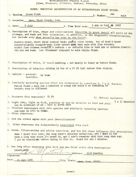 Rare bird documentation form for a House Finch at Ames in Story County, IA on July 8, 1985.