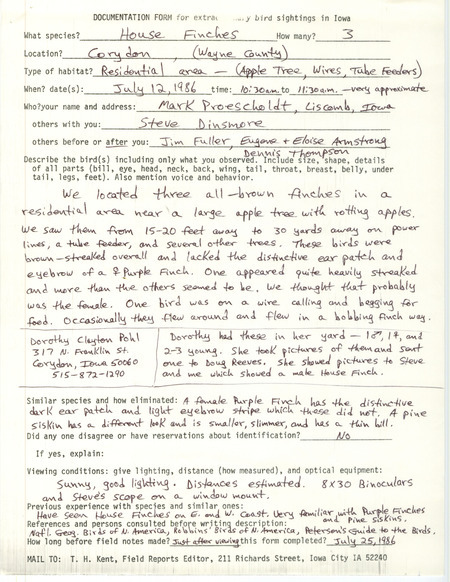 Rare bird documentation form for three House Finches at Corydon in Wayne County, IA on July 12, 1986.
