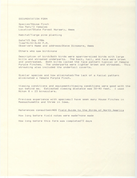 Rare bird documentation form for two House Finches at State Forest Nursery in Ames in Story County, IA on September 15, 1986.