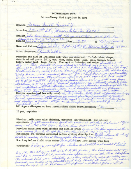 Rare bird documentation form for a House Finch at Mason City in Cerro Gordo County, IA seen on multiple occasions between June 4 and June 22, 1987.