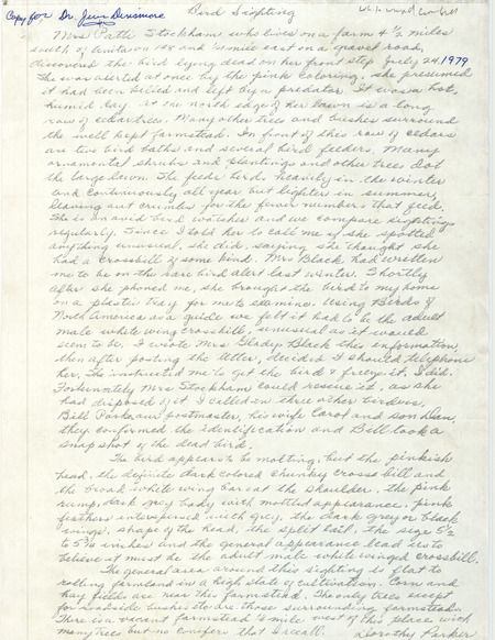 Copy of a field report by Dorothy Parker regarding a dead White-winged Crossbill found by Patti Stockham for a White-winged Crossbill on her farm in Cass County, IA on July 24, 1979.