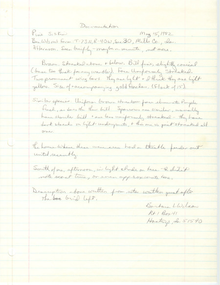 Rare bird documentation form for a Pine Siskin at Anderson Township in Mills County, IA on May 15, 1982.