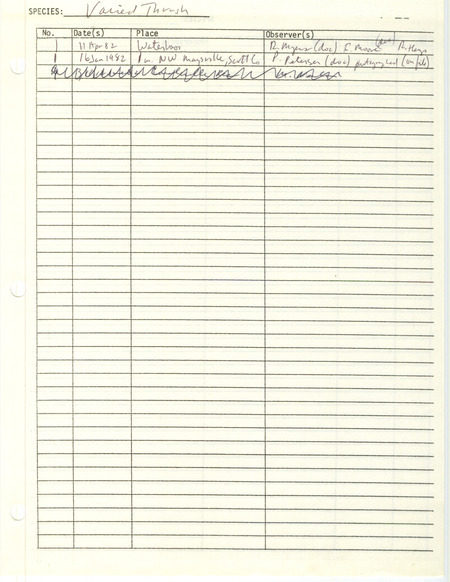 Compilation of sightings data for the Varied Thrush submitted to the Iowa Ornithologists' Union by members between the years 1982. The document also includes the name of the observer, date and location.