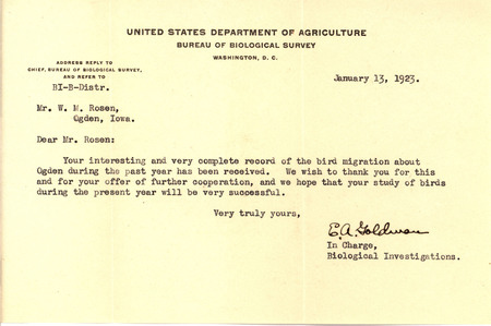 Letter from Edward Alphonso Goldman to Walter Rosene regarding the receipt of the 1922 bird migration report from Ogden, January 13, 1923. Goldman also wishes Rosene a successful bird study during the upcoming year.