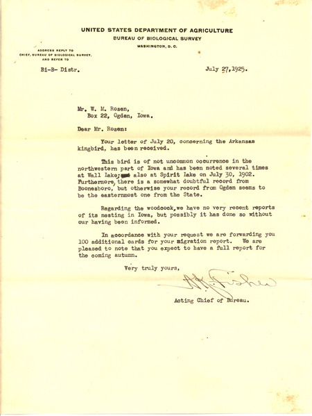 Letter from Albert K. Fisher to Walter Rosene regarding Arkansas Kingbird and American Woodcock records, July 27, 1925. Fisher provides details on the occurrence of Arkansas Kingbird and the American Woodcock observations in the state of Iowa.