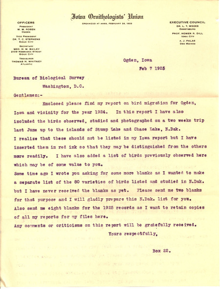 Letter from Walter Rosene to the United States Bureau of Biological Survey regarding a 1924 bird migration report, February 7, 1925. Rosene mentions that he has included in his report the birds observed in Ogden and the surrounding vicinity as well as those observed on a two week trip to Stump Lake and Chase Lake, North Dakota.