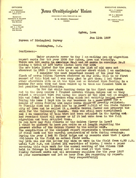 Letter from Walter Rosene to Bureau of Biological Survey dated January 11, 1927. Rosene states that he is sending his 1926 migration cards under separate cover and recounts keeping a crippled Golden Plover in his basement for a couple of weeks.