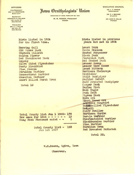 Enclosure from Walter Rosene sent to Bureau of Biological Survey with a letter dated January 11, 1927. Rosene lists birds sighted in 1926 for the first time and birds sighted in previous years but not in 1926.
