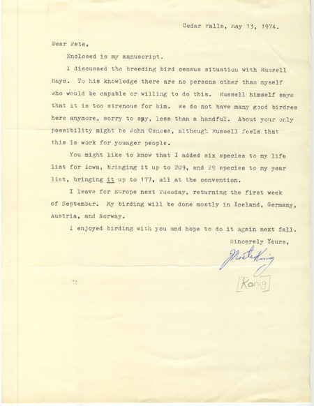 Draft article written by Morten Konig. Konig discusses birds that can be found in northeast Iowa and some of the best places for sighting them. This manuscript was sent with a letter dated May 13, 1974 to Pete Petersen, editor of Iowa Bird Life.