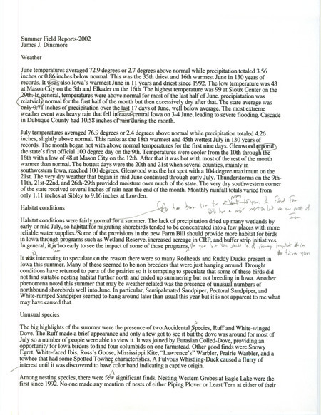Quarterly field report for the summer of 2002 annotated and compiled by James J. Dinsmore.