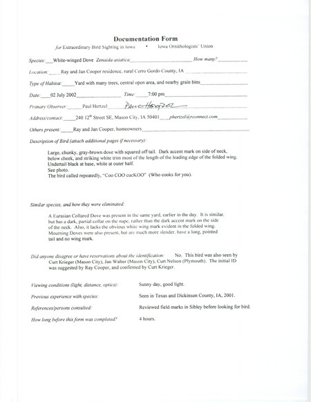 Documentation of a White-winged Dove sighting in Cerro Gordo County contributed by L. Paul Hertzel, July 2, 2002. This item was used as supporting documentation for the Iowa Ornithologists' Union Quarterly field report of summer 2002.