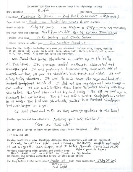 Documentation of a Ruff sighting at Pinchey Bottoms contributed by Mark Proescholdt, July 28, 2002. Also includes details on similar species and how they were eliminated from identification. This item was used as supporting documentation for the Iowa Ornithologists' Union Quarterly field report of summer 2002.