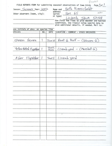 Summer report of birds and locations contributed by Beth Proescholdt. This item was used as supporting documentation for the Iowa Ornithologists' Union Quarterly field report of summer 2002.