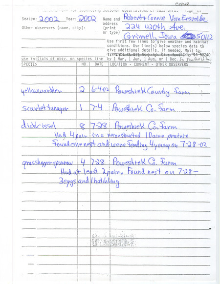 Summer report of birds found in Poweshiek County contributed by Robert VanErsvelde and Connie VanErsvelde. This item was used as supporting documentation for the Iowa Ornithologists' Union Quarterly field report of summer 2002.
