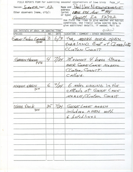 Summer report of birds and locations contributed by Paul Van Nieuwenhuyse. This item was used as supporting documentation for the Iowa Ornithologists' Union Quarterly field report of summer 2002.