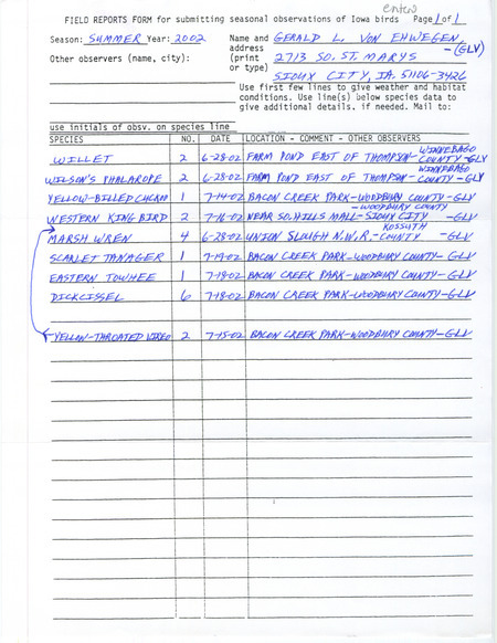 Summer report of birds and locations contributed by Gerald Von Ehwegen. This item was used as supporting documentation for the Iowa Ornithologists' Union Quarterly field report of summer 2002.