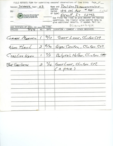 List of birds and locations contributed by Paul Van Nieuwenhuyse. This item was used as supporting documentation for the Iowa Ornithologists' Union Quarterly field report of summer 2003.
