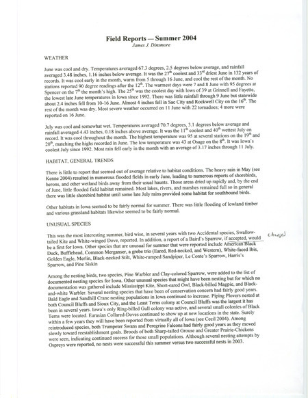 Quarterly field report for the summer of 2004. It is published in Iowa Bird Life 74-4, 2004.