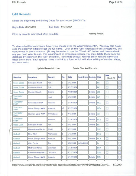Compiled field reports to create the official IOU Quarterly Field Reports for summer 2004. This item was used as supporting documentation for the Iowa Ornithologists' Union Quarterly field report of summer 2004.