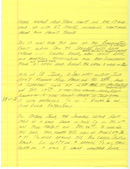 Notes for the Iowa Birdline update for December 19, 1988. Highlights of the update include the results of several Christmas Bird Counts from around the state. Also of note were the interesting birds that were observed during the County, including Sandhill Cranes, an adult Great Black-backed Gull, Glaucous Gulls, and Northern Saw-whet Owls.