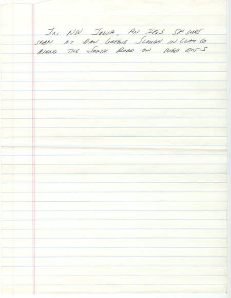 Notes for the Iowa Birdline update for October 2, 1988. Highlights of the update include sightings of seabirds that have rarely been seen in Iowa, including a Magnificent Frigatebird, a Parasitic Jaeger, two Pomarine Jaegers, and a Red Phalarope. Also of note were sightings of numerous Franklin's Gulls and American White Pelicans as well as several species of shorebirds.