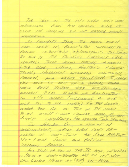 Notes for the Iowa Birdline update for August 1, 1988. Highlights of the update include sightings of three Heron species, three Tern species, American Avocets, and Ruddy Turnstones. Also of note was the continued presence of a pair of Northern Mockingbirds that were first spotted in mid-June.