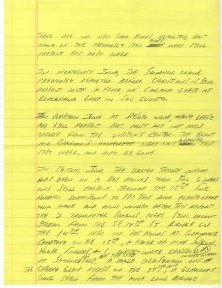 Notes for the Iowa Birdline update for January 16, 1989. There are no new good sightings this week but several of the birds sighted in recent weeks can still be found.