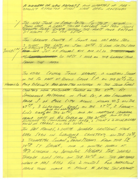 Notes for the Iowa Birdline update for January 28, 1989. Highlights include the sightings of a Great-tailed Grackle and a Snowy Owl along with updates on previously reported birds.