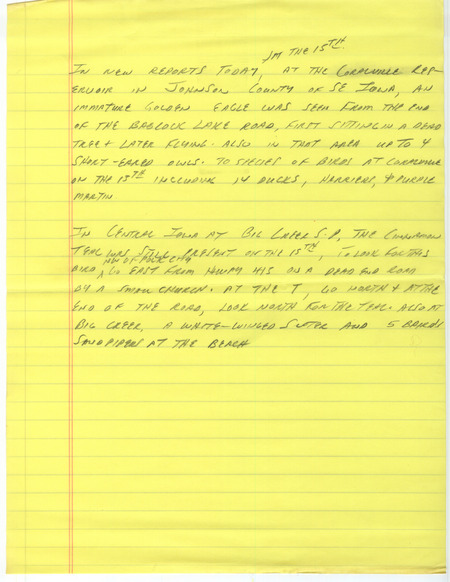 Notes for the Iowa Birdline update for April 10, 1989. Highlights include Cinnamon Teals, a Black Scoter, Smith's Longspurs, and a Golden Eagle.