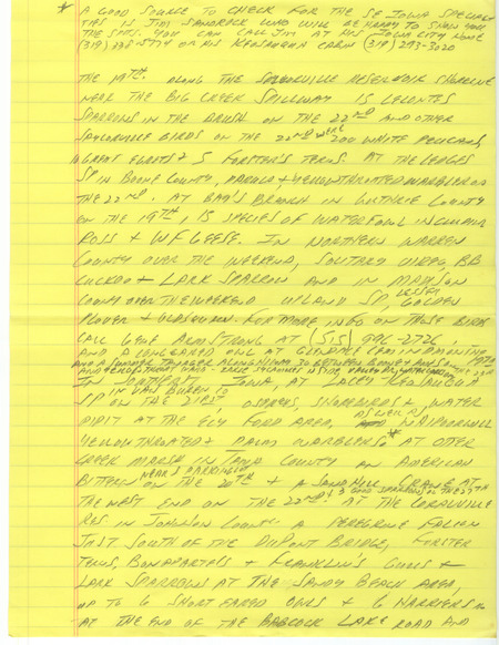 Notes for the Iowa Birdline update for April 24, 1989. Highlights include warmer weather bringing Warblers, Chimney Swifts and Broad-winged Hawks into the state.There have also been sightings of Western Grebes and Peregrine Falcons.