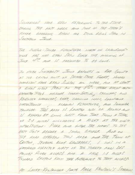 Notes for the Iowa Birdline update for July 10, 1989. Highlights include returning shorebirds, singing Hooded Warblers and a Barred Owl family.