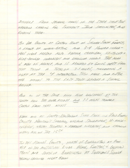 Notes for the Iowa Birdline update for July 17, 1989. Highlights include many sightings of specialties in southeast Iowa.