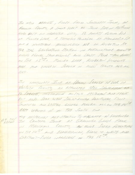 Notes for the Iowa Birdline update for August 14, 1989. Highlights include more shorebird sightings, the beginning of the passerine migration and an update on the released Peregrine Falcons.