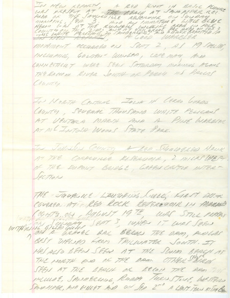 Notes for the Iowa Birdline update for August 28, 1989. Highlights include the continued presence of a Laughing Gull and a lot of Warbler movement.