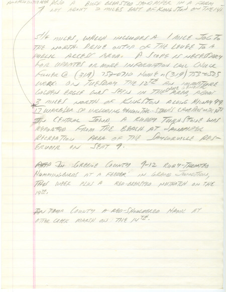 Notes for the Iowa Birdline update for September 12, 1989. Highlights include continued sightings of a Harris' Hawk, and the sightings of a Golden Eagle and Buff-breasted Sandpiper.