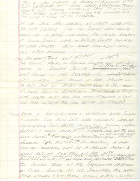 Notes for the Iowa Birdline update for September 18, 1989. Highlights include the sighting of a Black-shouldered Kite and reports from the Iowa Ornithologists' Union fall meeting.