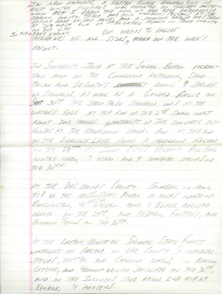 Notes for the Iowa Birdline update for October 2, 1989. Highlights include reports of migrants of all sizes. Sightings include Sharp-tailed Sparrows, a Golden Eagle and Black-bellied Plovers.