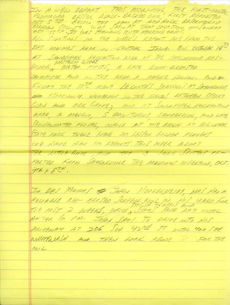 Notes for the Iowa Birdline update for October 16, 1989. Highlights include a winter plumaged Lesser Black-backed Gull standing with Herring Gulls.