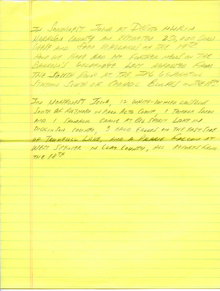 Notes for the Iowa Birdline update for November 20, 1989. Highlights include sightings of a California Gull and Trumpeter and Tundra Swans.